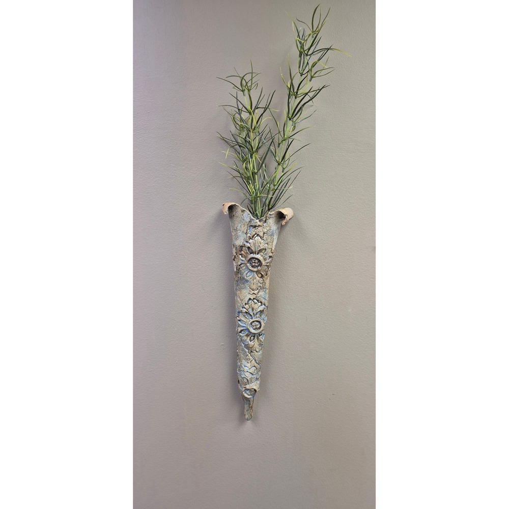 Handmade Studio Pottery Wall‎ Pocket Vase 15" Rustic Blue Floral Hanging Decor